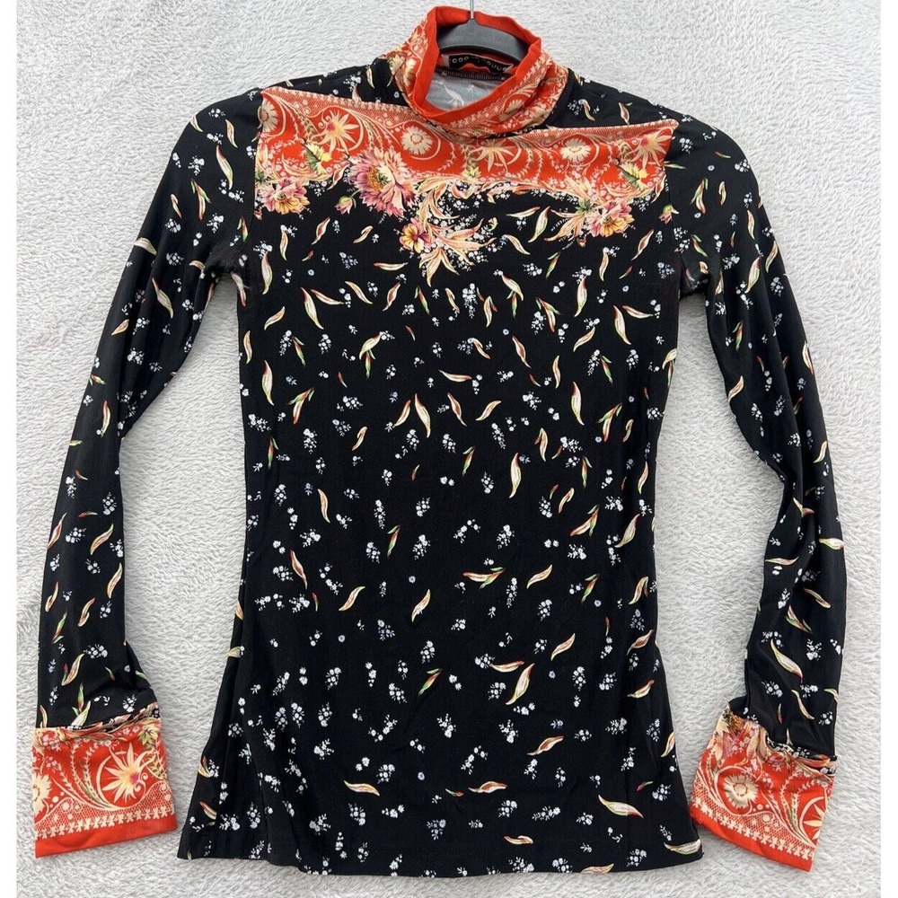 Paco Rabanne Shirt Women's Sz 34 Black Orange Long Sleeve Stretch Mock Collar